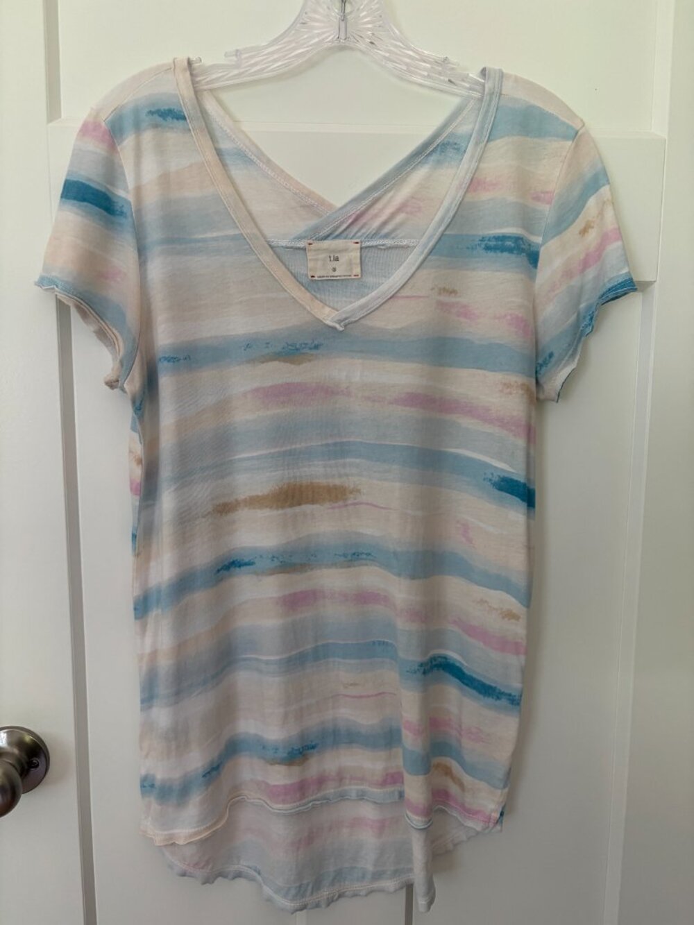 Anthropologie t.la Striped V Neck Tee S Pastel Watercolor Cotton Modal Made USA